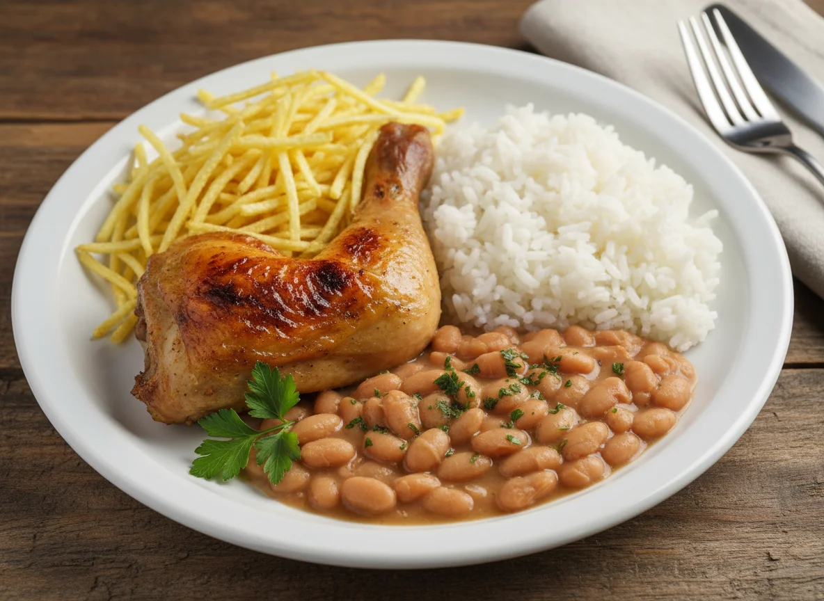Prato feito com frango, arroz, feijão e batata palha photo