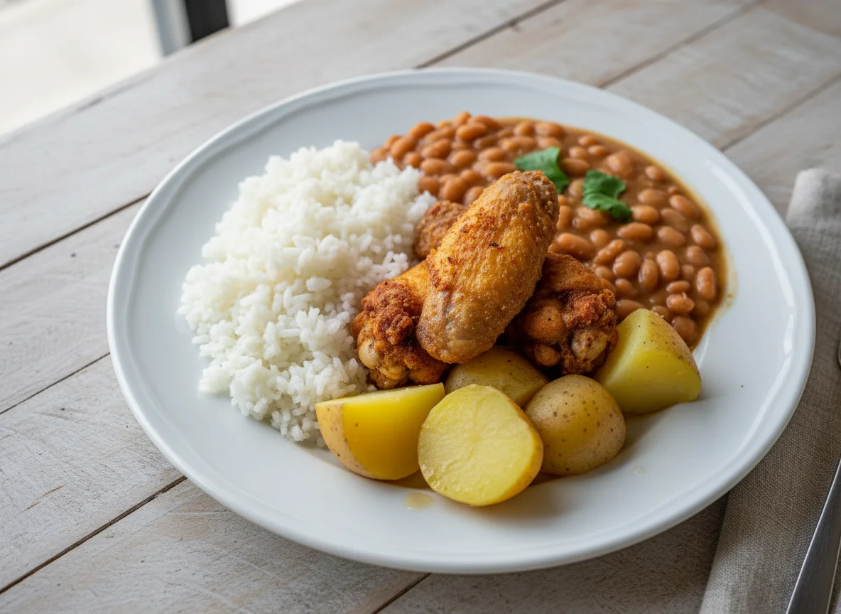 Prato feito com frango, arroz, feijão e batatas photo
