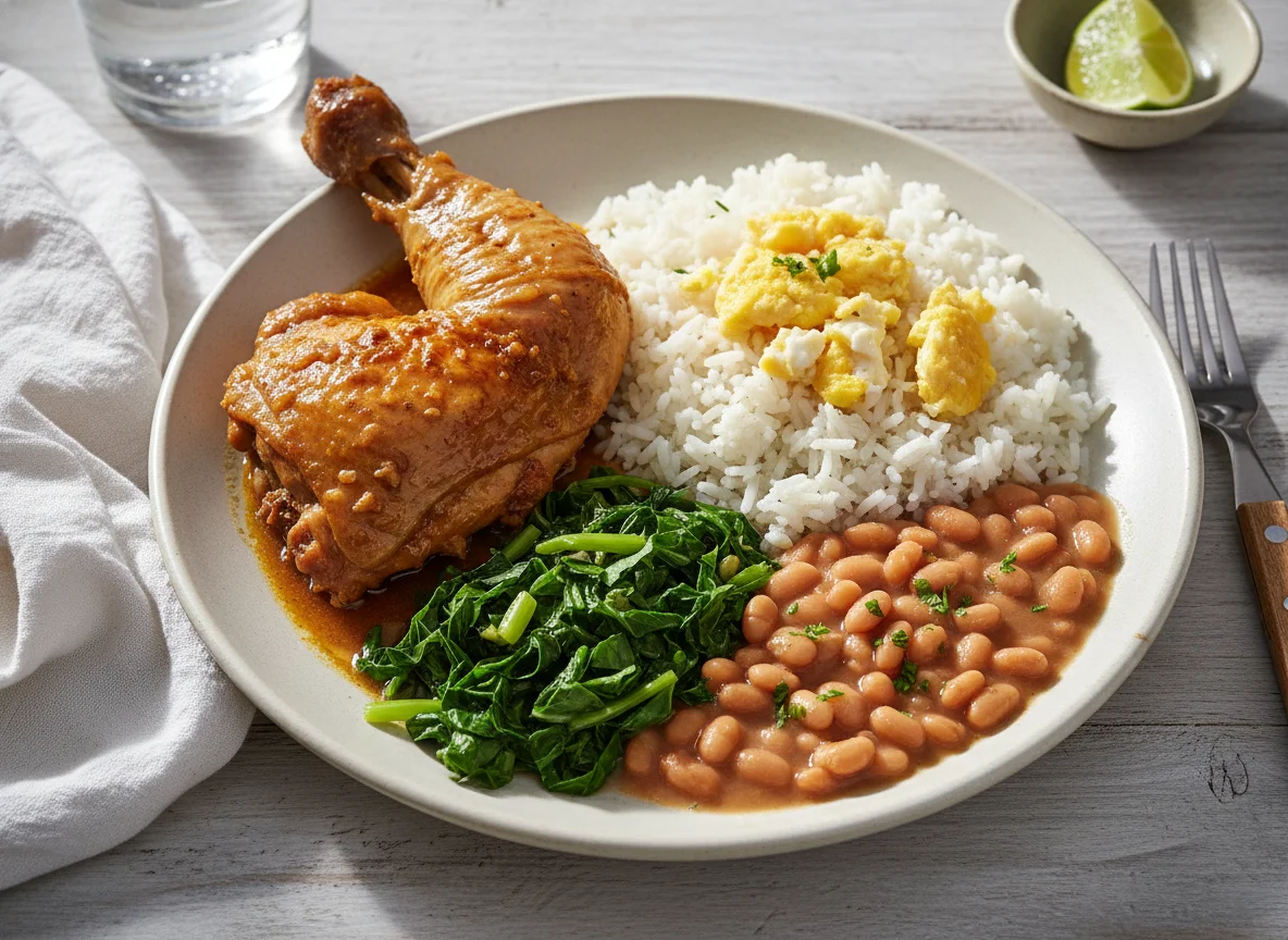 Prato feito com frango, arroz, feijão e couve refogada photo