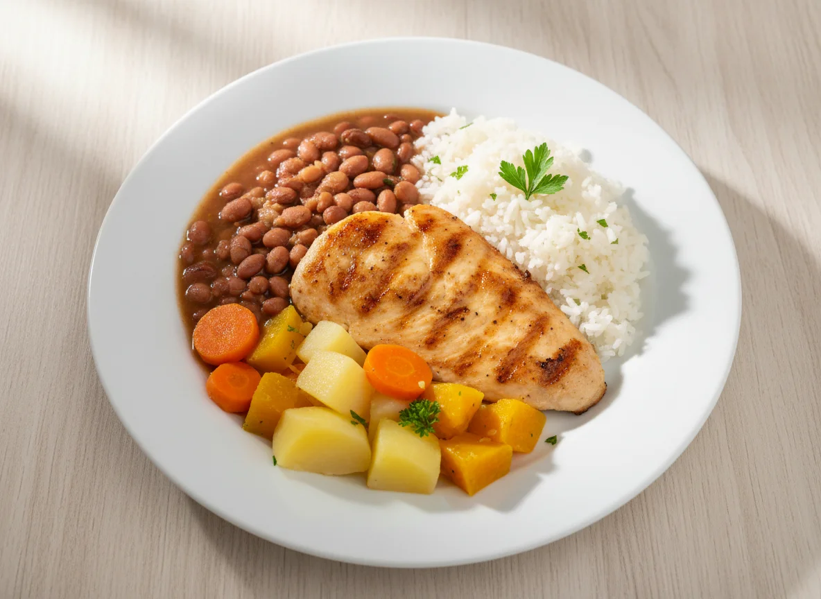 Prato feito com frango, arroz, feijão e legumes photo