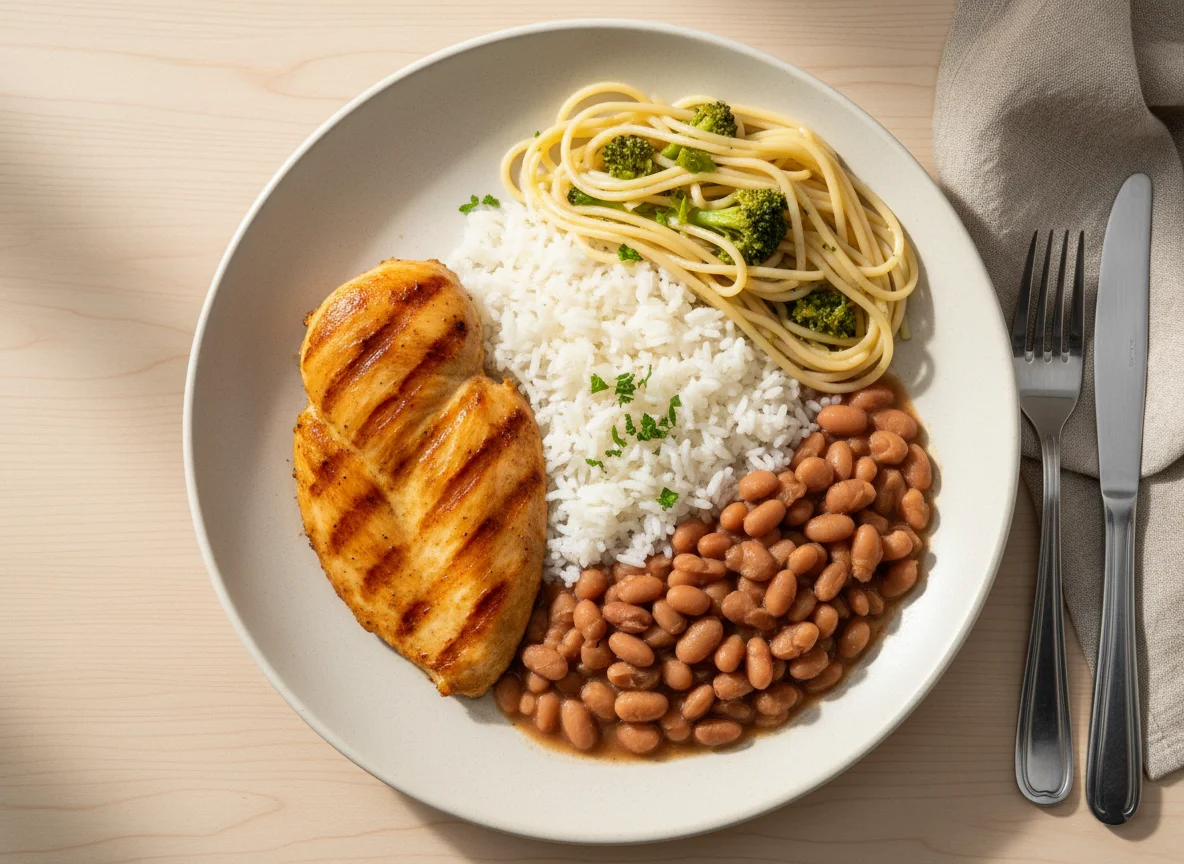 Prato feito com frango, arroz, feijão e macarrão com brócolis photo