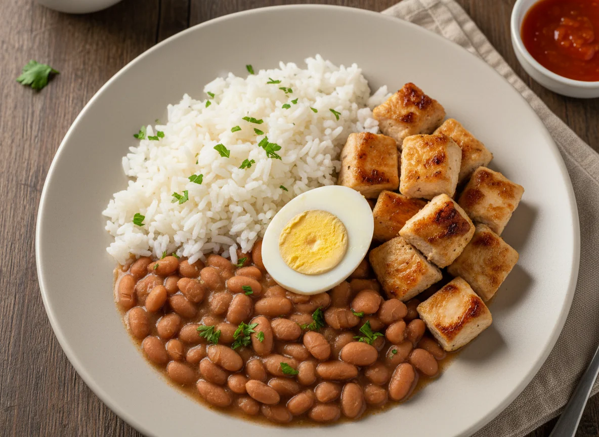 Prato feito com frango, arroz, feijão e ovo cozido photo