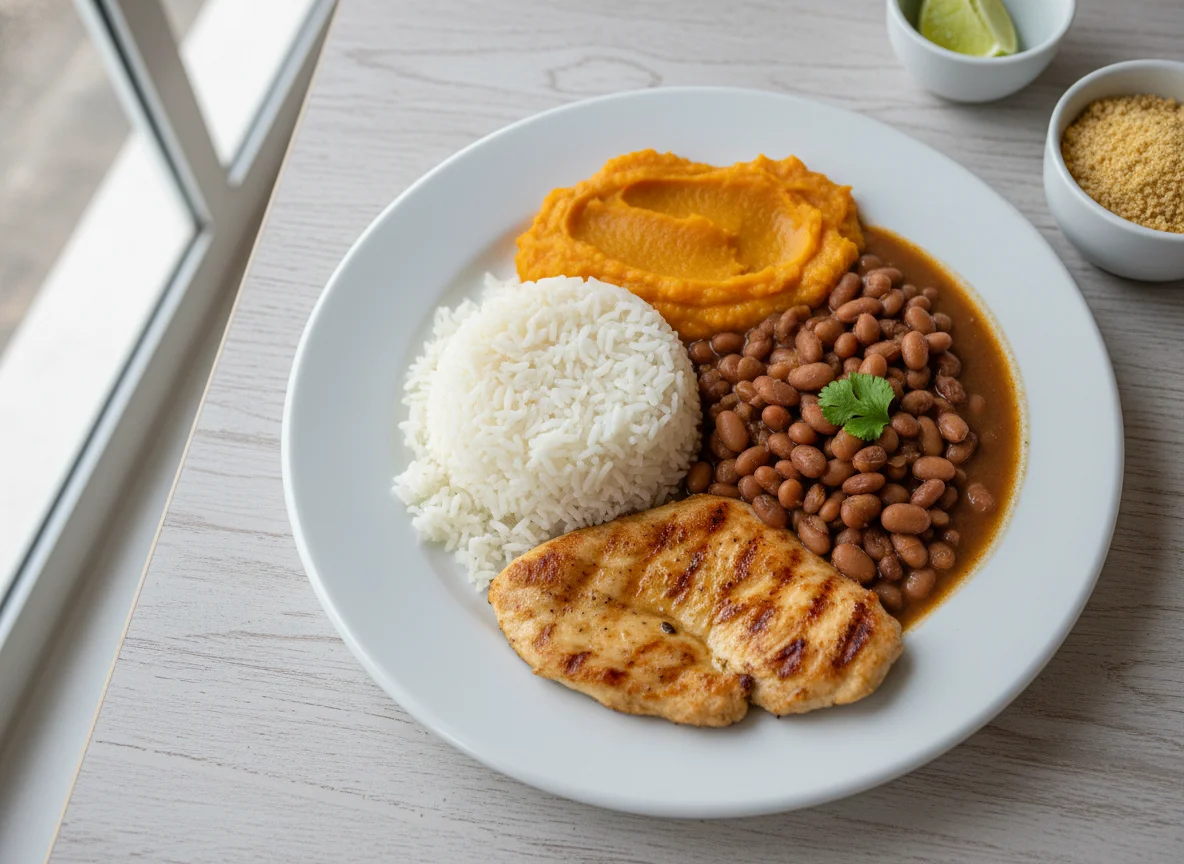 Prato feito com frango, arroz, feijão e purê de batata doce photo