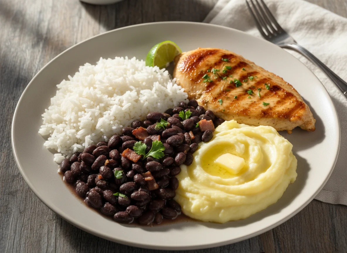 Prato feito com frango, arroz, feijão e purê de batata photo