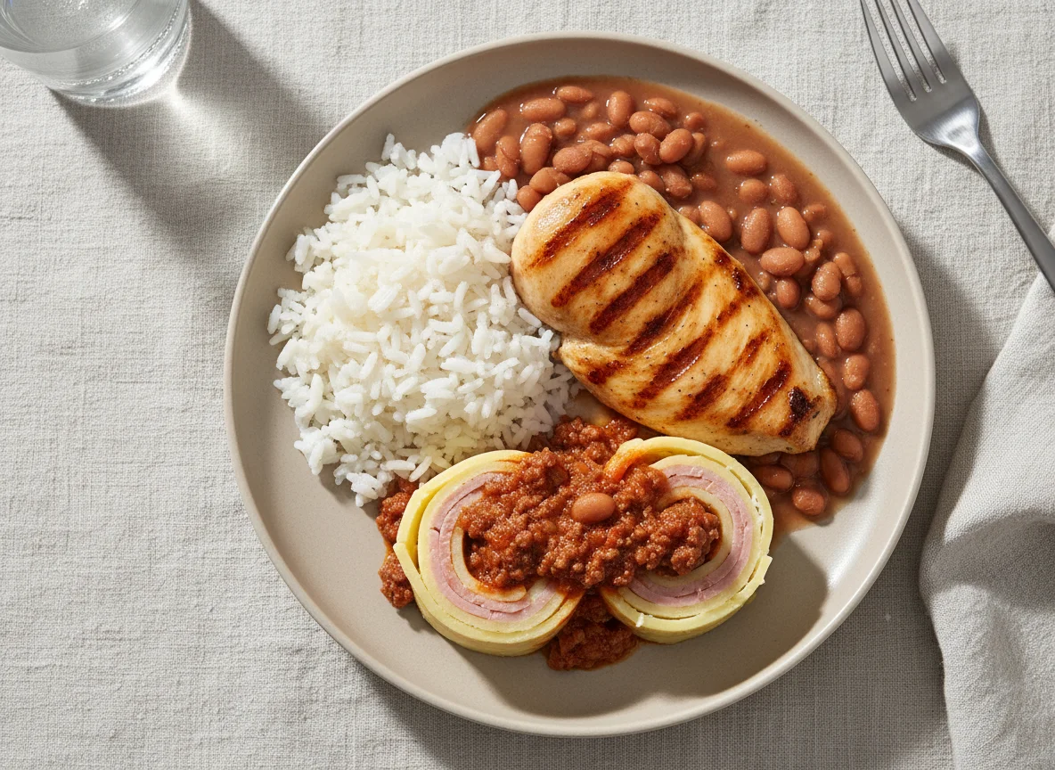 Prato feito com frango, arroz, feijão e rondelli photo