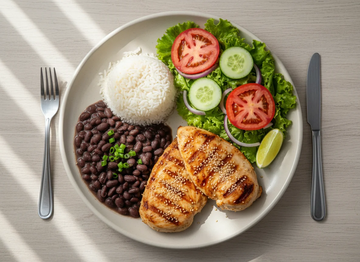 Prato feito com frango, arroz, feijão e salada photo