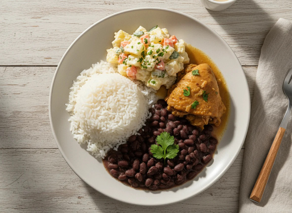 Prato feito com frango, arroz, feijão e salada de maionese photo