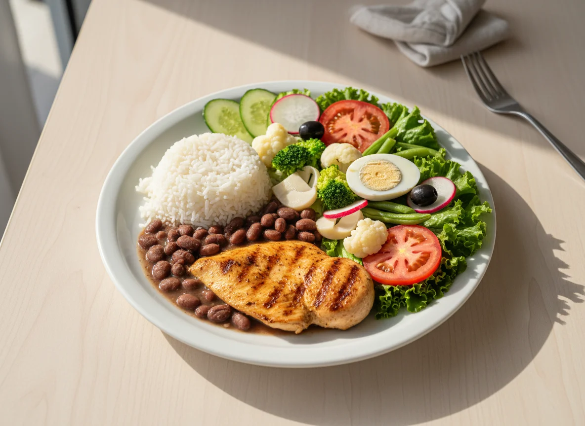 Prato feito com frango, arroz, feijão e salada variada photo