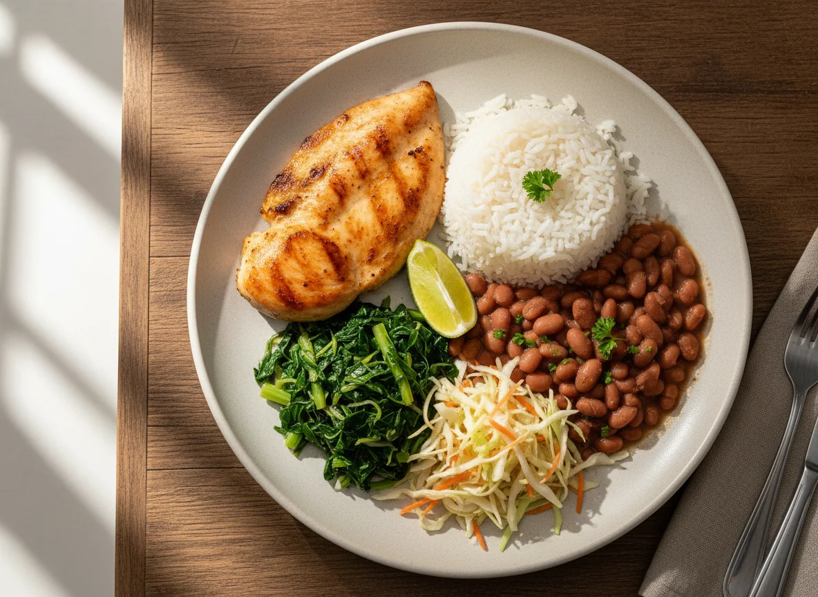 Prato feito com frango, arroz, feijão e saladas photo