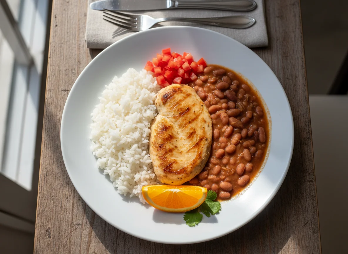 Prato feito com frango, arroz, feijão e tomate photo