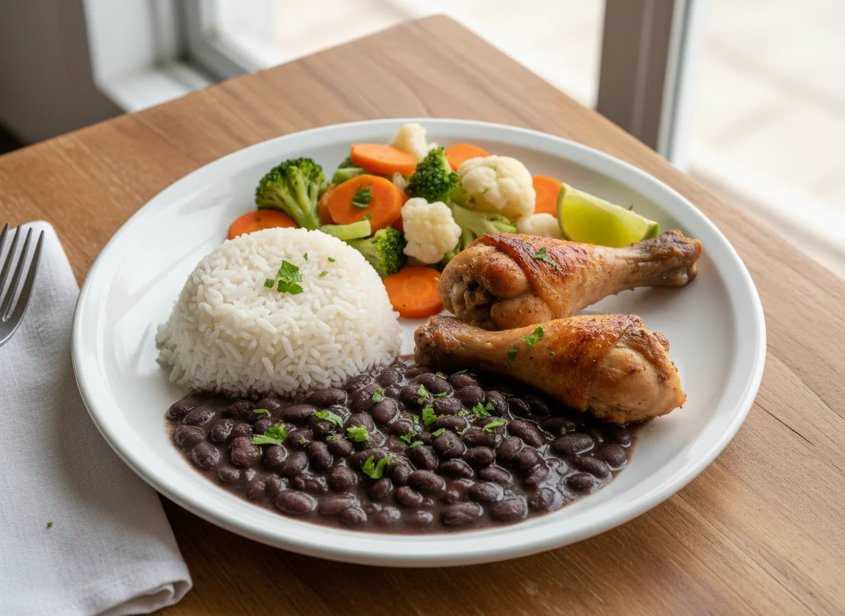 Prato feito com frango, arroz, feijão e vegetais photo