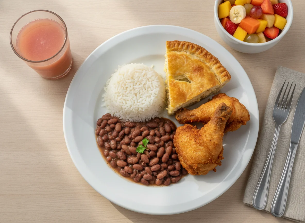 Prato Feito com Frango, Arroz, Feijão, Empadão e Salada de Frutas photo