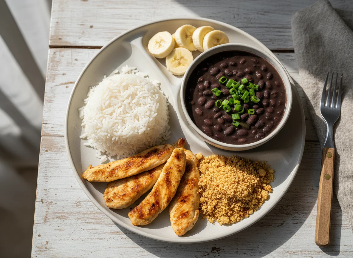 Prato feito com frango, arroz, feijão, farofa e banana photo