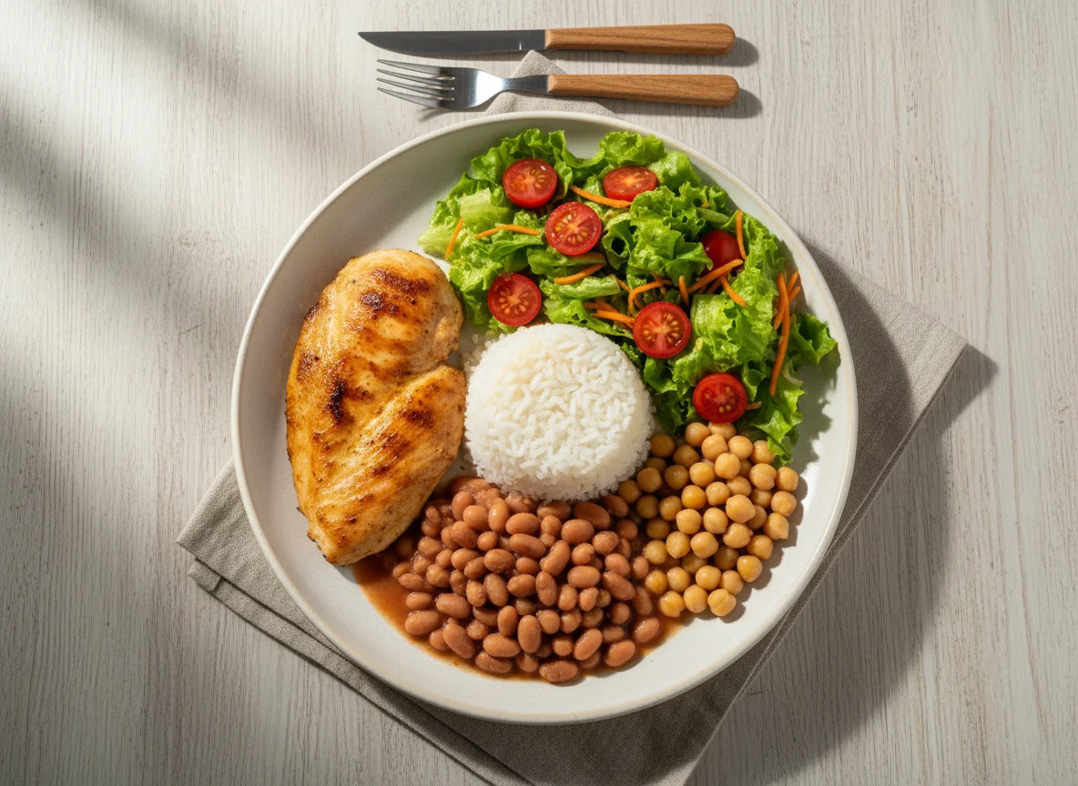 Prato feito com frango, arroz, feijão, grão de bico e salada photo