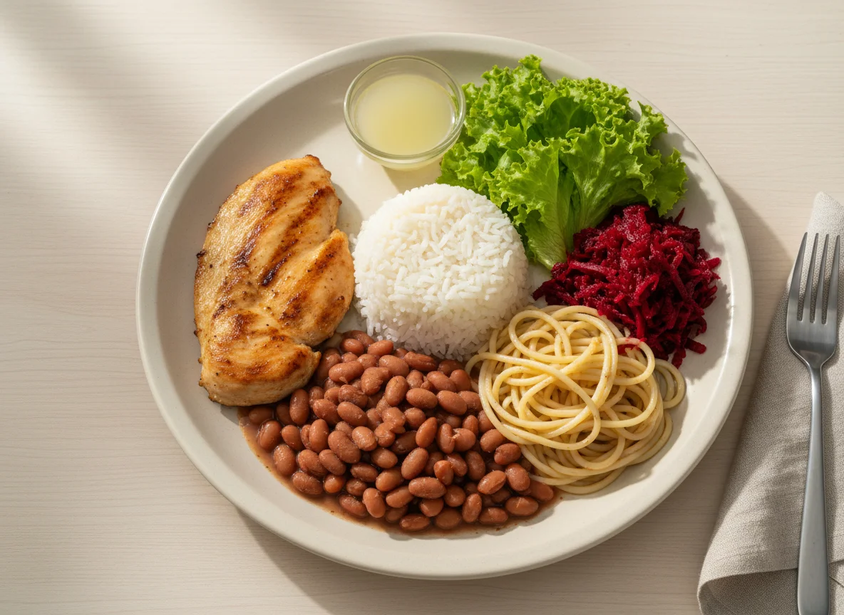 Prato feito com frango, arroz, feijão, macarrão e salada photo