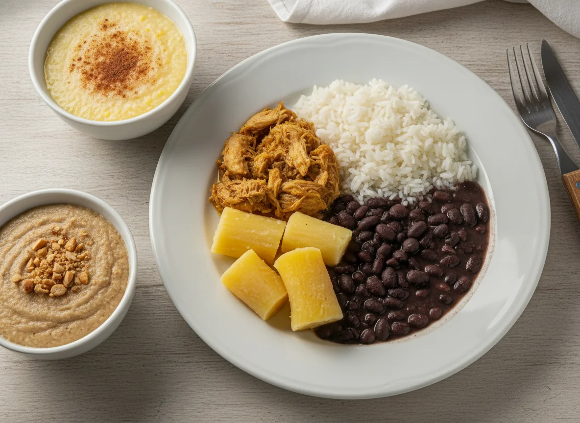 Prato Feito com Frango, Arroz, Feijão, Mandioca e Sobremesas photo