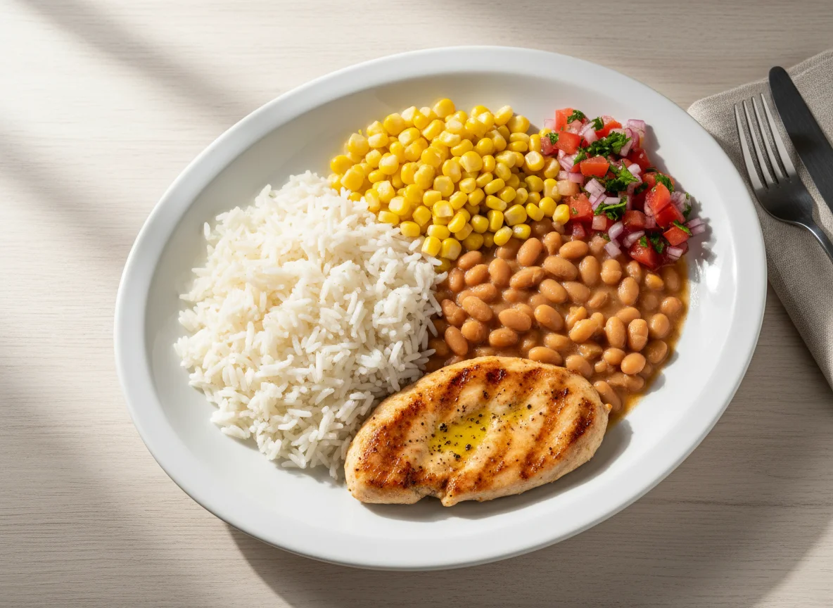 Prato feito com frango, arroz, feijão, milho e vinagrete photo