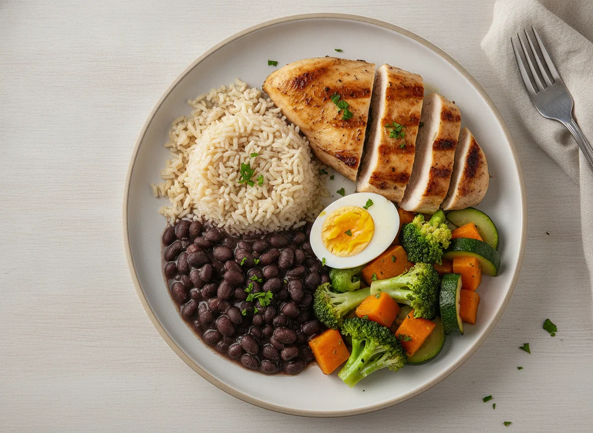 Prato Feito com Frango, Arroz, Feijão, Ovo e Legumes photo