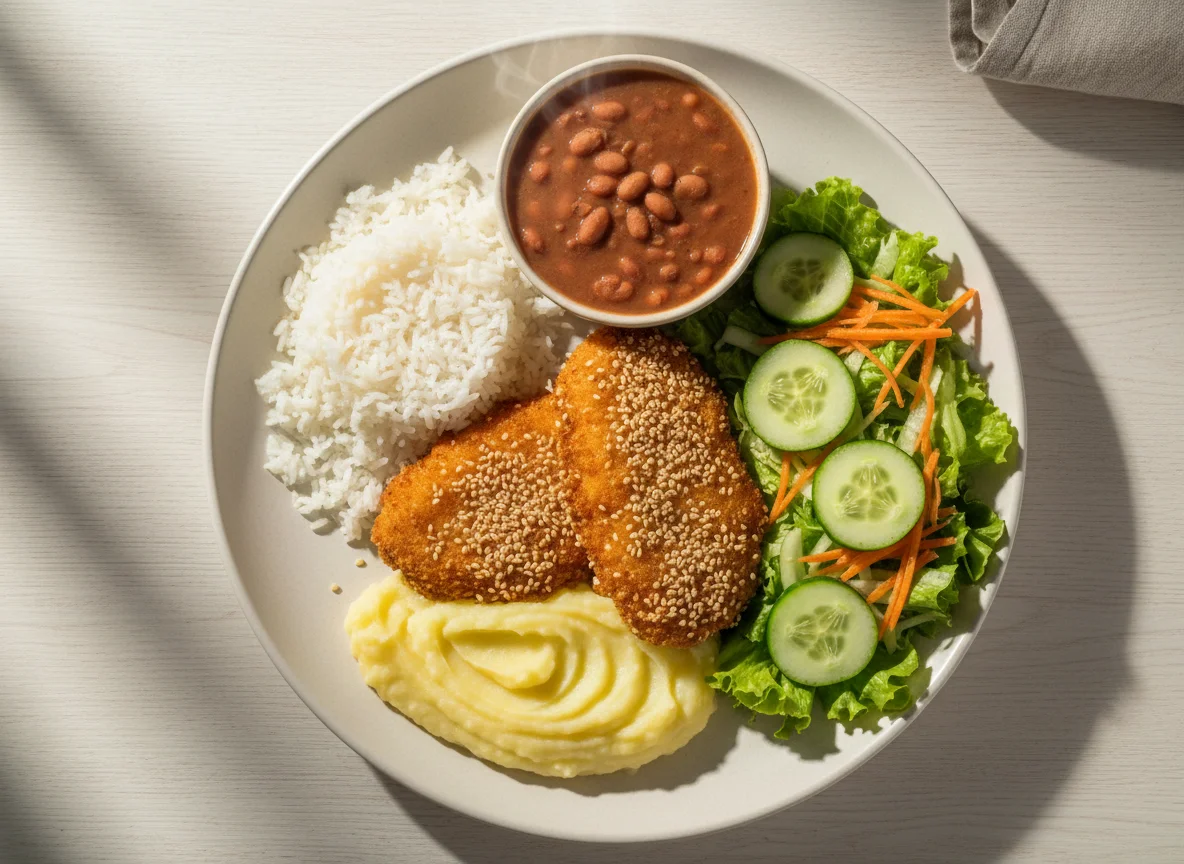 Prato feito com frango, arroz, feijão, purê de batata e salada photo