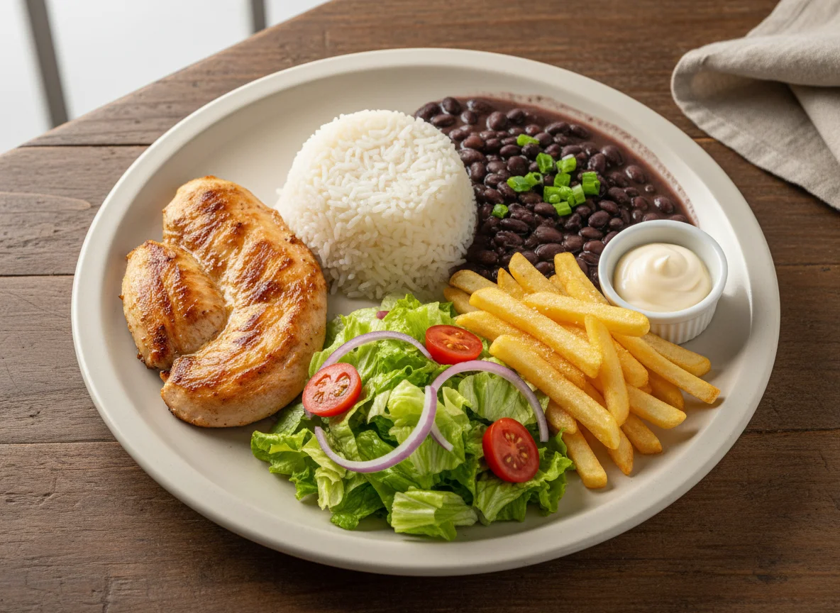 Prato feito com frango, arroz, feijão, salada e batata frita photo