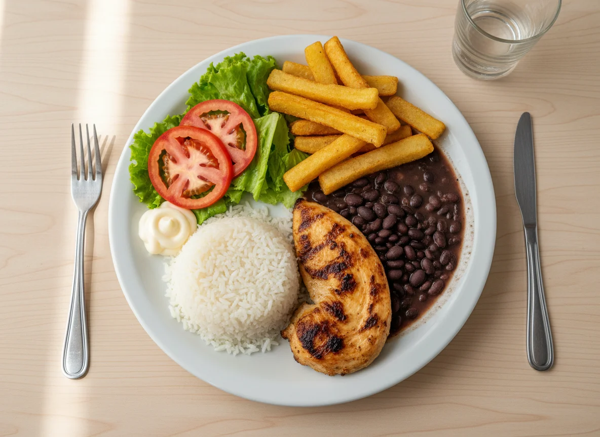 Prato feito com frango, arroz, feijão, salada e mandioca frita photo