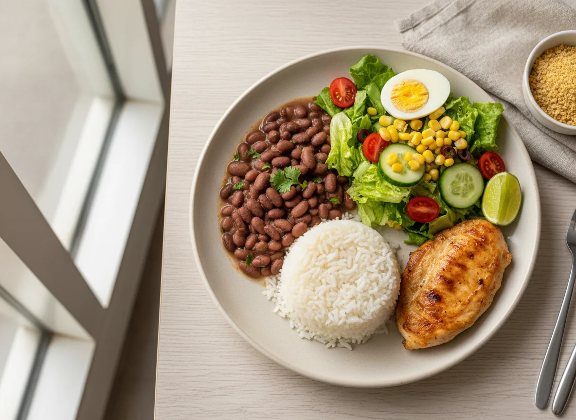 Prato feito com frango, arroz, feijão, salada e ovo photo