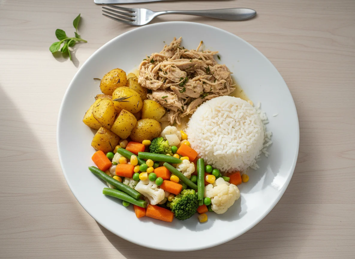 Prato feito com frango, arroz, legumes e batatas assadas photo