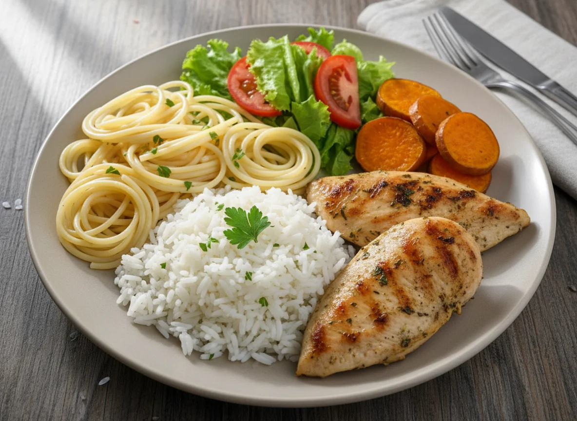 Prato Feito com Frango, Arroz, Macarrão, Batata Doce e Salada photo
