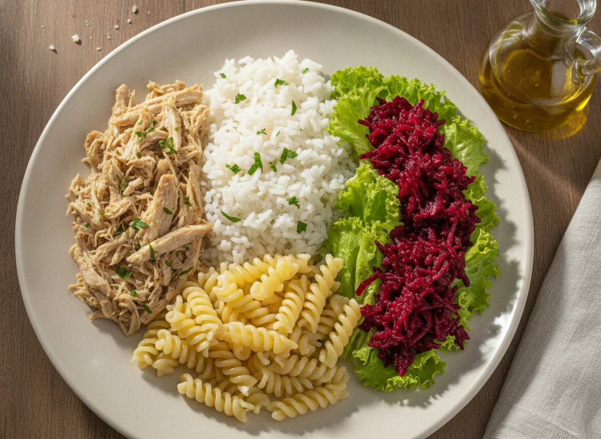 Prato feito com frango, arroz, macarrão e salada photo
