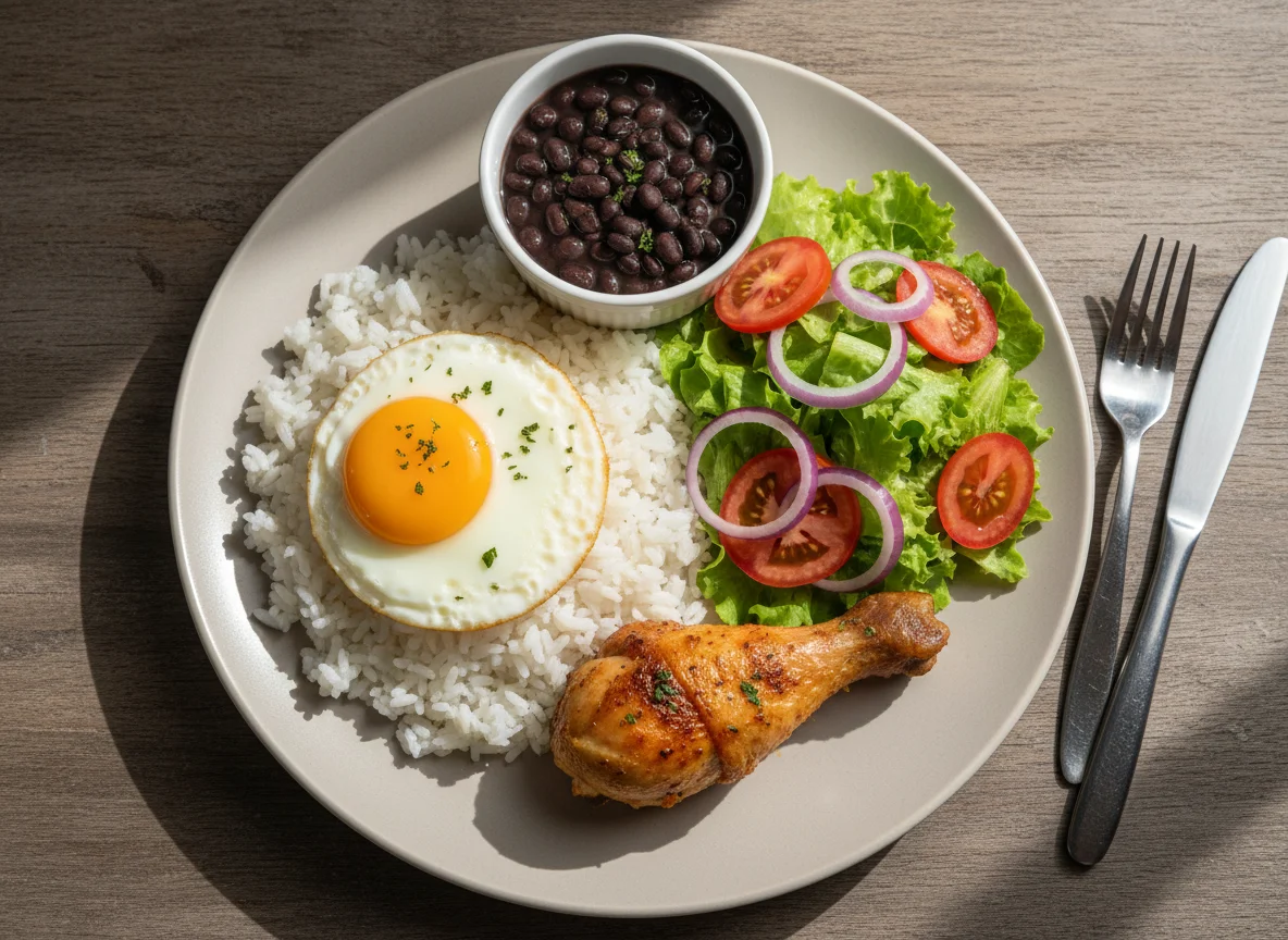 Prato feito com frango, arroz, ovo e salada photo