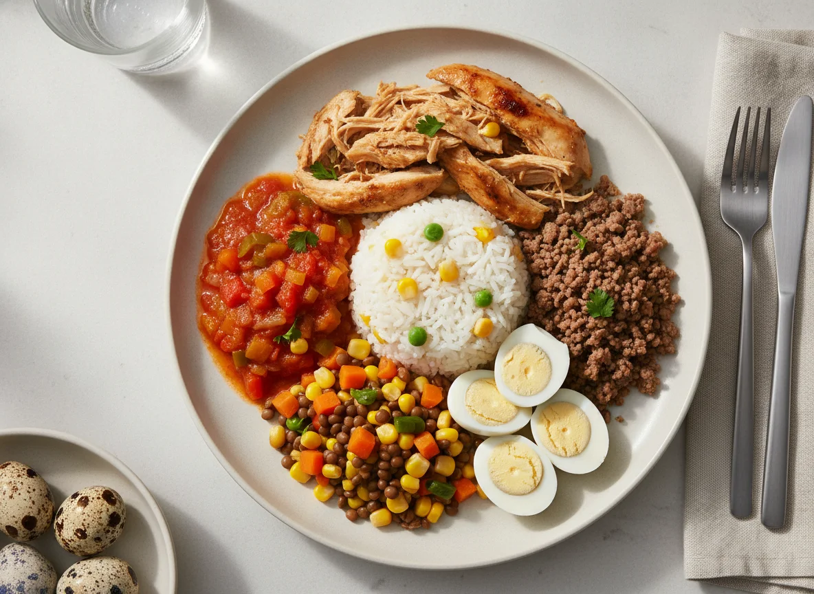 Prato feito com frango, arroz, ovos de codorna e legumes photo