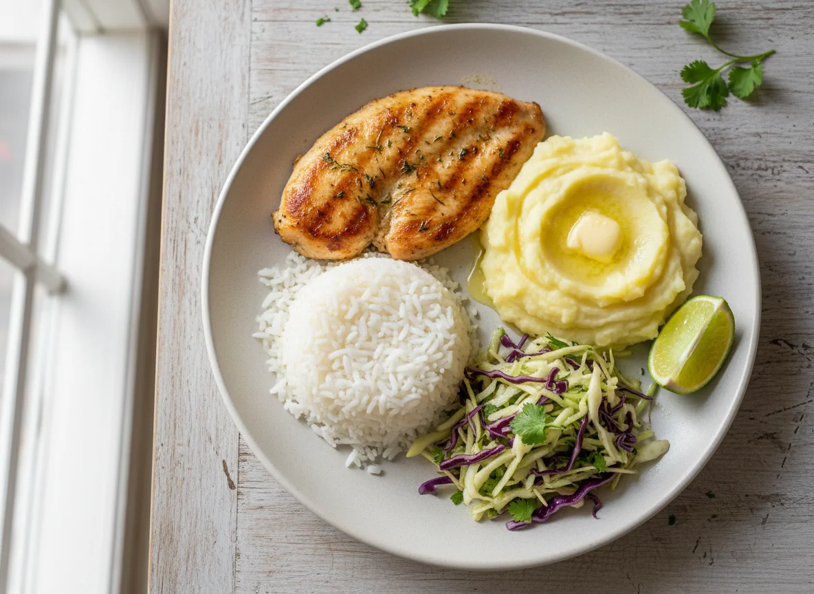 Prato feito com frango, arroz, purê de batata e repolho photo