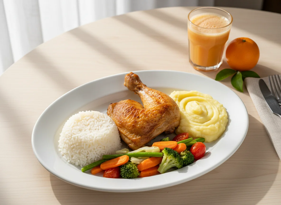 Prato feito com frango, arroz, purê de batata, legumes e suco photo