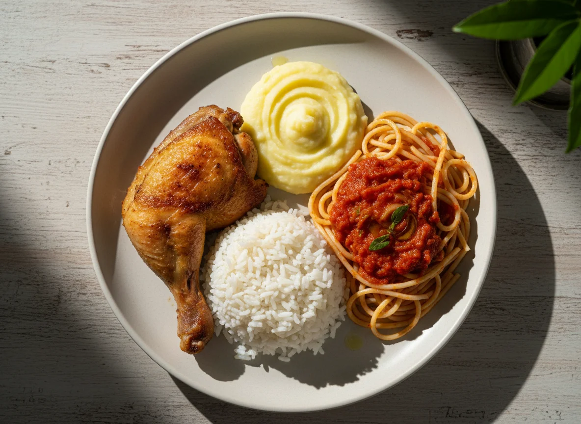 Prato feito com frango, arroz, purê e macarrão photo