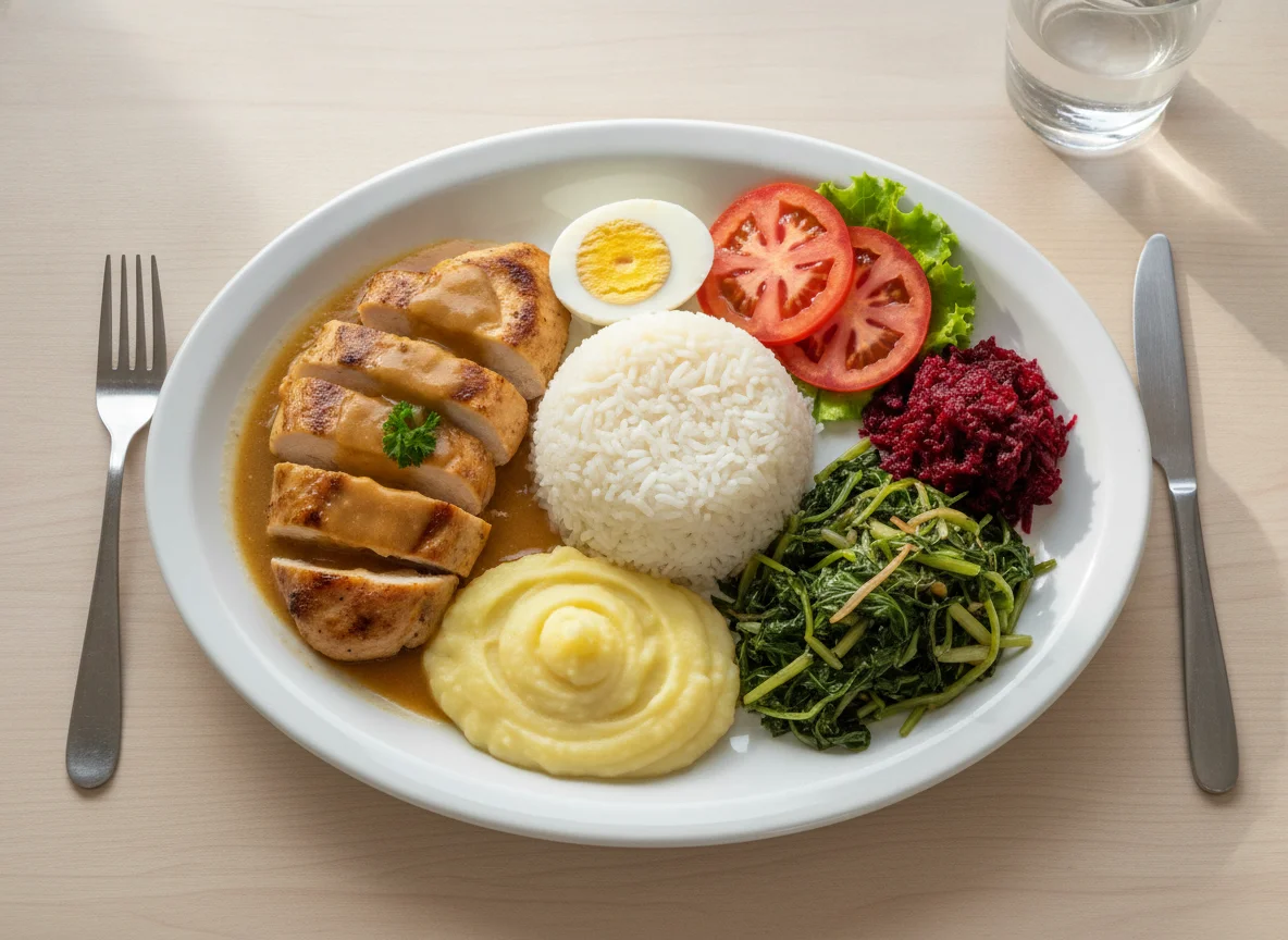 Prato feito com frango, arroz, purê e salada photo