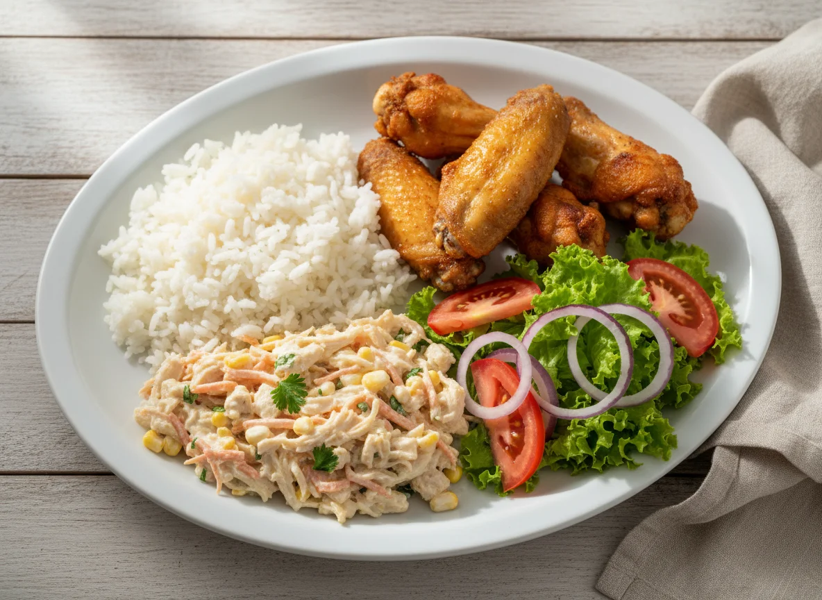 Prato feito com frango, arroz, salpicão e salada photo