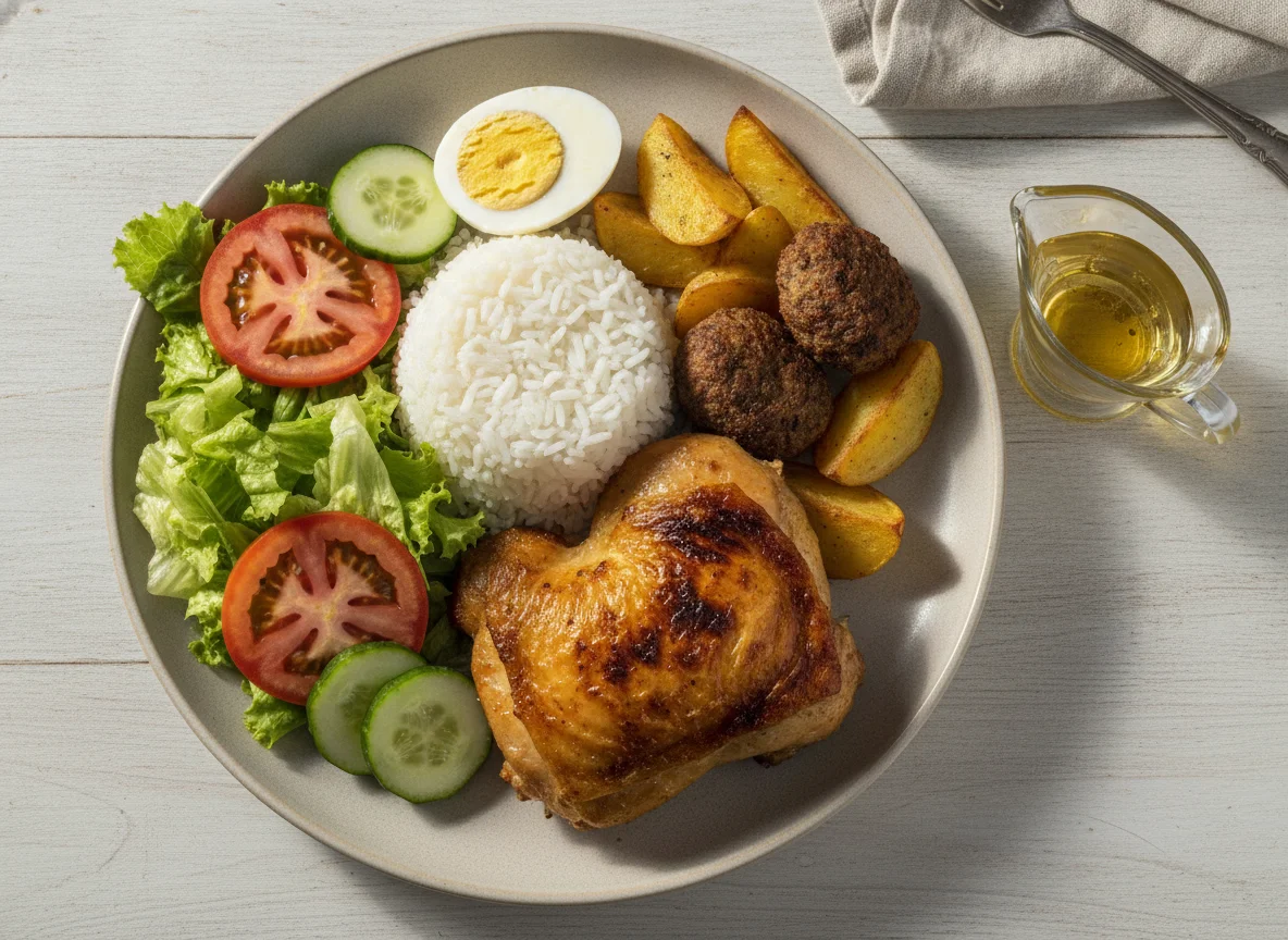 Prato feito com frango assado, arroz, batata e salada photo