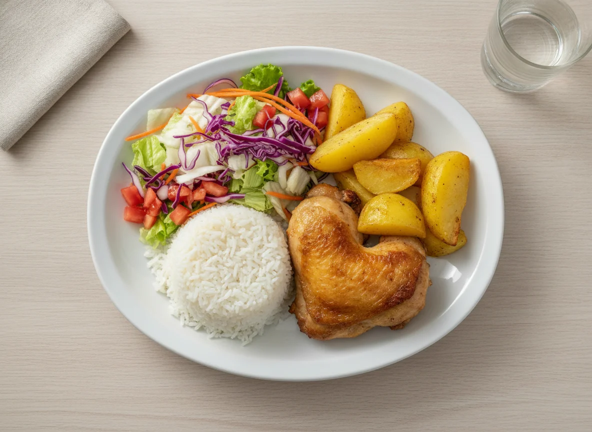 Prato feito com frango assado, arroz, batatas e salada photo