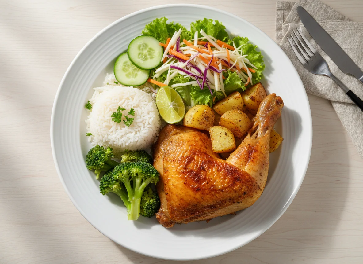 Prato feito com frango assado, arroz, brócolis e salada photo