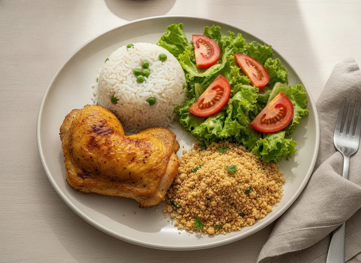 Prato feito com frango assado, arroz com ervilhas, salada e farofa photo