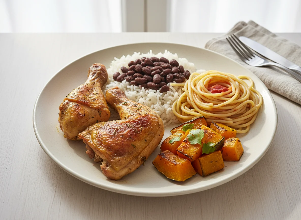 Prato feito com frango assado, arroz com feijão, macarrão e abóbora photo