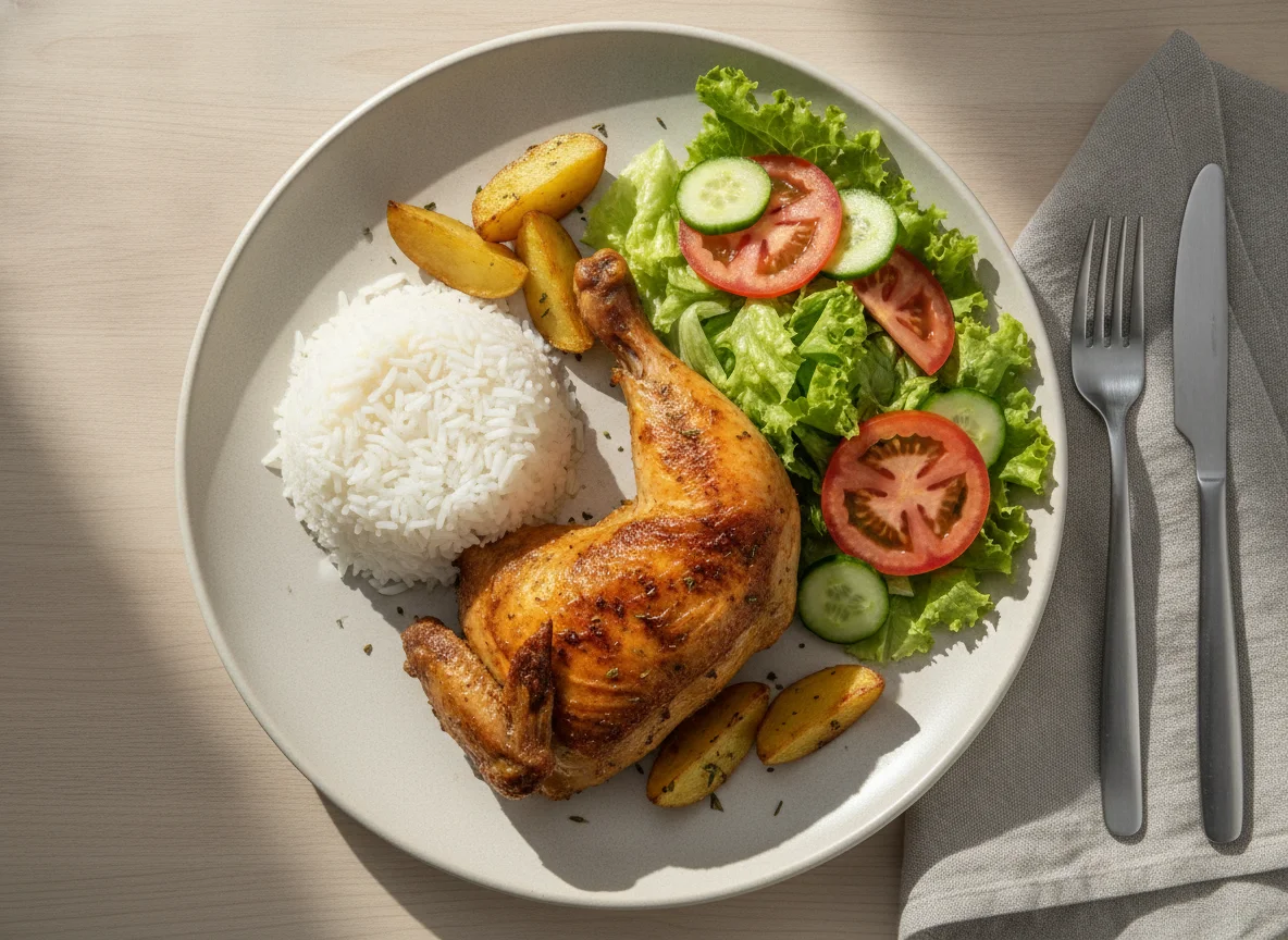 Prato feito com frango assado, arroz e salada photo