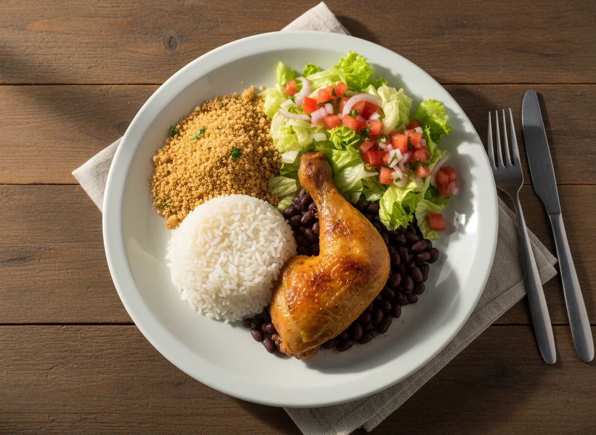 Prato feito com frango assado, arroz, farofa e salada photo