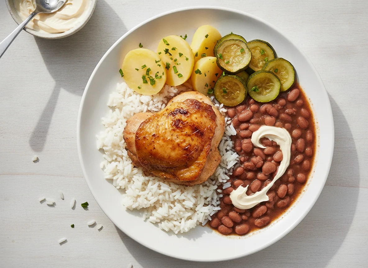 Prato feito com frango assado, arroz, feijão, batata, abobrinha e requeijão photo