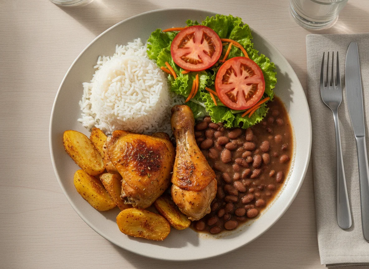 Prato feito com frango assado, arroz, feijão, batata e salada photo