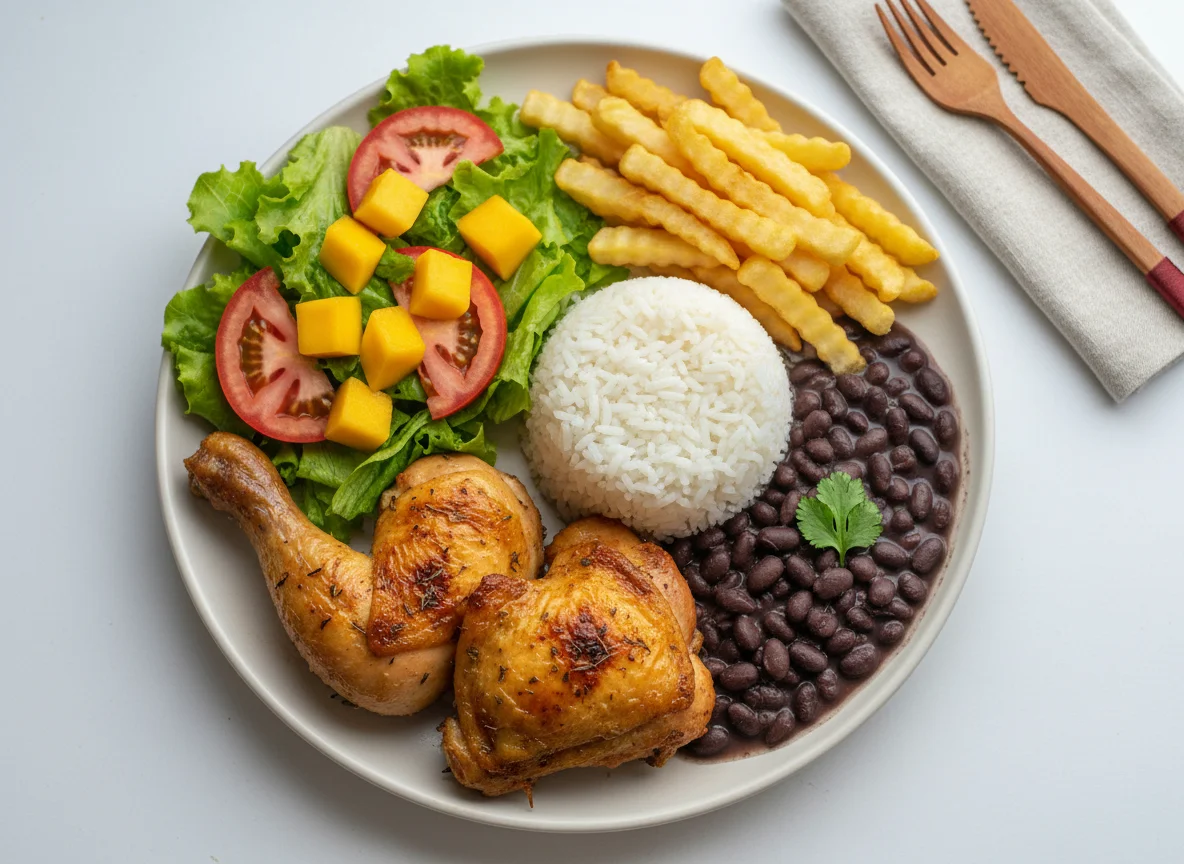 Prato feito com frango assado, arroz, feijão, batata frita e salada photo