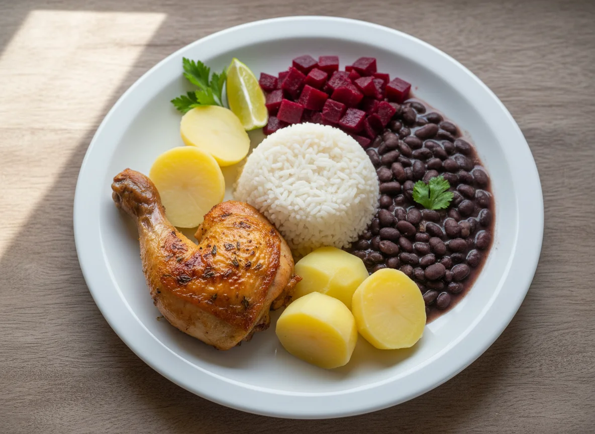 Prato feito com frango assado, arroz, feijão, beterraba e batata photo