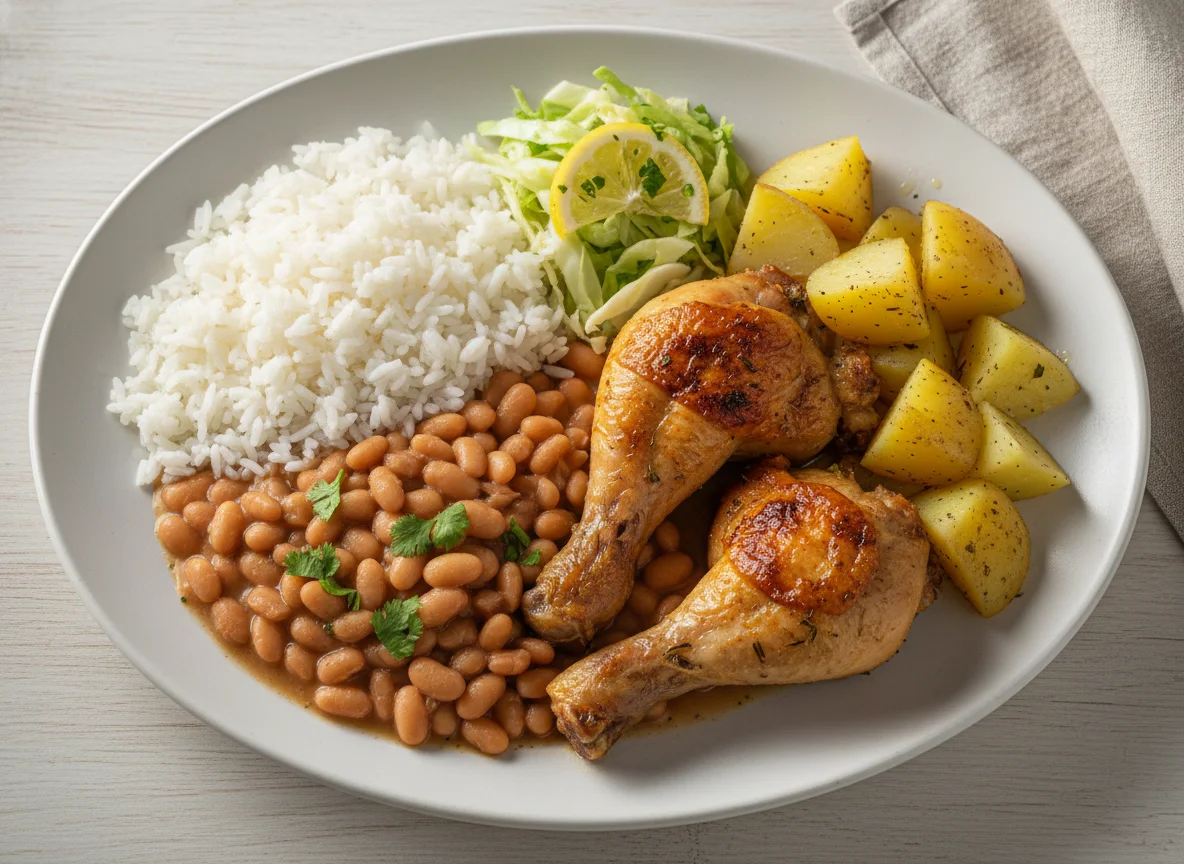 Prato feito com frango assado, arroz, feijão e batata photo