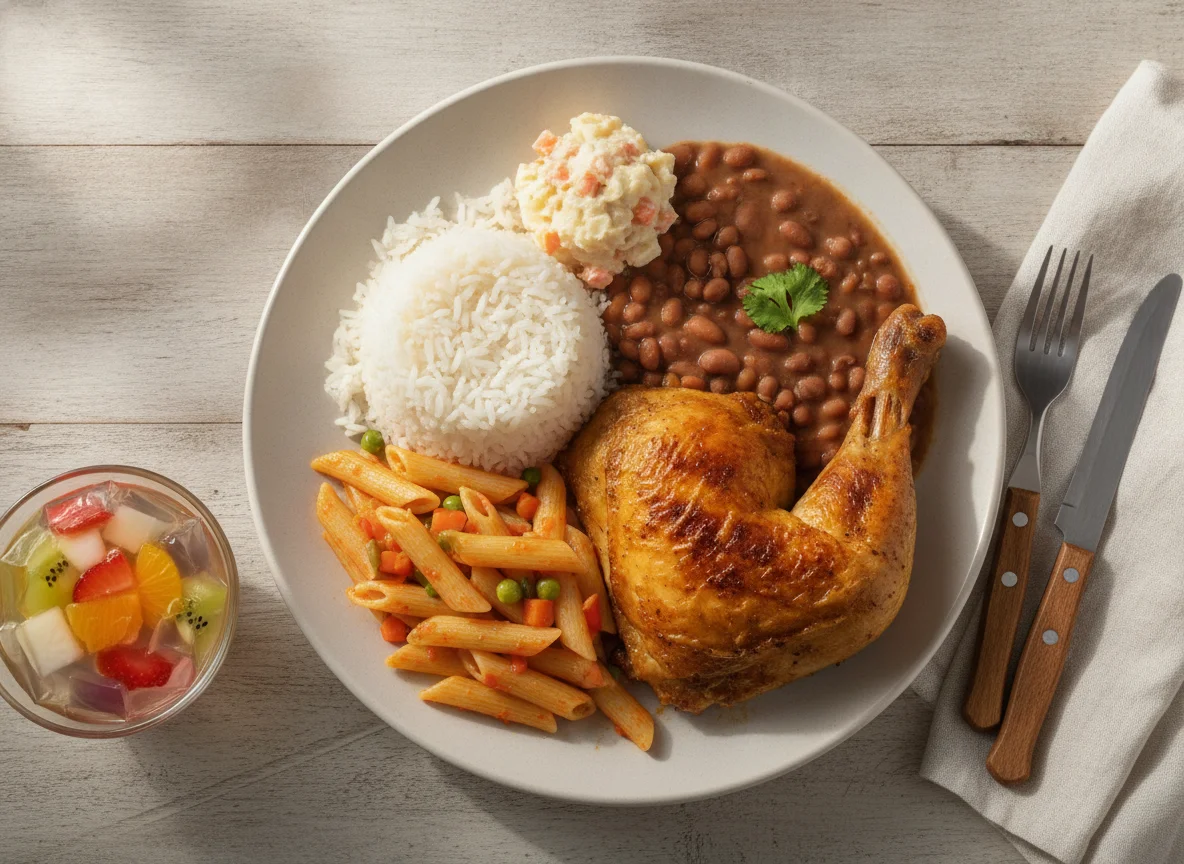 Prato feito com frango assado, arroz, feijão e macarrão photo