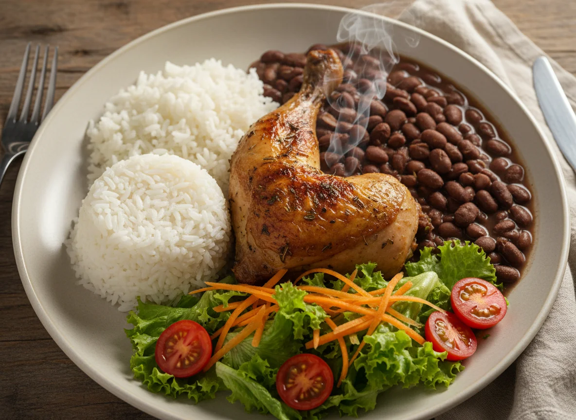Prato feito com frango assado, arroz, feijão e salada photo